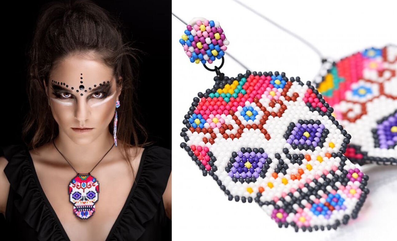 Design Idea R K 2 R - Model wearing a necklace with a large seed-beaded pendant featuring a colorful candy skull